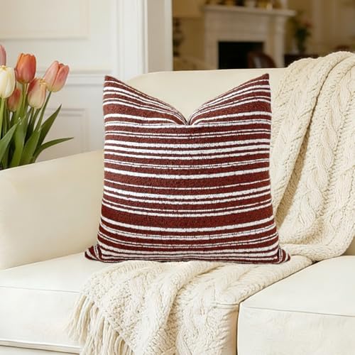 Slow Cow Boho Chenille Textured Woven Stripe Throw Pillow Covers Decorative Cushion Cover Square Pillow Cover Accent Neutral Pillowcase 18 x18 Rust - color: Rust, size: 18" x 18" (Pack of 1)