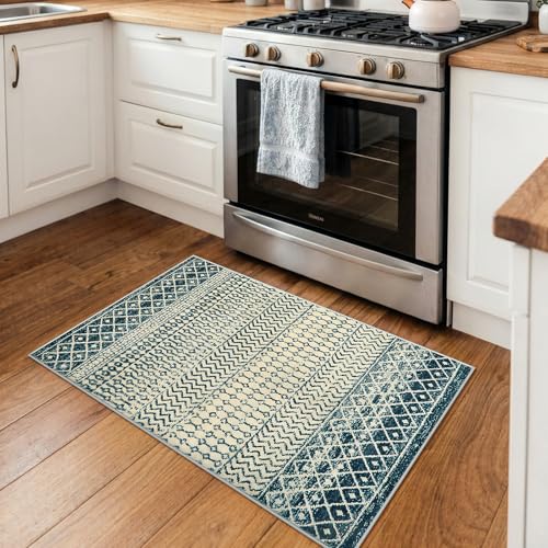 Geometric Moroccan Small Rug 2x3, Soft Non-Slip Distressed Retro Blue Rug Front Door Mat, Machine Washable Kitchen Rug Indoor Door Mats for Entryway Bedroom Bathroom Kitchen - color: Royal Blue, size: 2' x 3' (Rectangular)