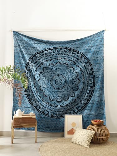 Popular Handicrafts Queen Mandala Hippie Tie dye Psychedelic Ombre Tapestry Wall Hanging - Indian Maditation Gypsy Bohemian Hippy Dorm Room Decor Blue 81x88 Inch - color: Blue, size: 88L" x 81W"