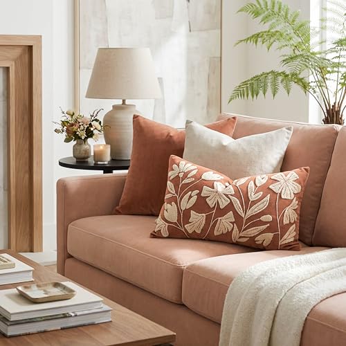 BlissBlush Lumbar Pillow Cover 12x20 Inch, Rust Terracotta Floral Tufted Velvet Decorative Accent Pillow Case for Sofa Bed Living Room, Cover Only - color: Orange Terracotta, size: 20" x 12" (Pack of 1)