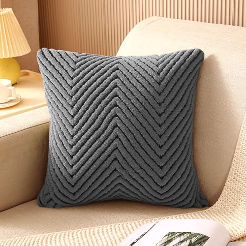 Flannel Pillow Covers Decorative Square Cushion Covers Modern Ripple Pattern Soft Sofa Pillowcases for Living Room - color: Dark Gray03