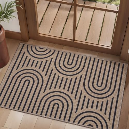 Tangsoo Modern Easy Jute 2x3 Outdoor Washable Rug for Entryway,Non-Slip Rainbow Rug Farmhouse Small Throw Mats Neutral Indoor Floor Carpet for Entrance Front Porch Foyer Decor - color: Brown Six Rainbow, size: 2x3ft