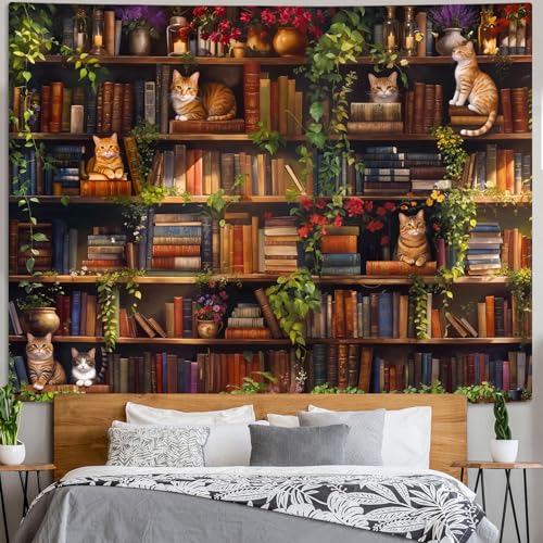 Accnicc Plant Cat Bookshelf Tapestry Botanical Floral Flower Cats Book Tapestries Wall Hanging Vintage Library Extra Large Tapestry for Bedroom Living Room Dorm 90 x 68 inch - color: Green Brown, size: 90"L x 68"W