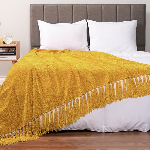 PAVILIA Mustard Yellow Blanket for Couch, Chenille Throw for Sofa Bed, Soft Knit Woven Gold Blanket with Decorative Tassel for Chair Living Room, Mustard Yellow 50x60 - color: Mustard Yellow, size: 50 X 60 Inches - Throw