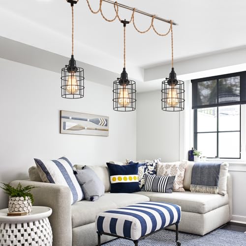 3-Light Hanging Light with Plug in Cord,Plug in Pendant Light 22ft Hemp Rope Pendant Lighting Vintage 3-Light Hanging Lamp Fixtures for Kitchen Island Living Room Bedroom - color: 3 Light 12CM Cage