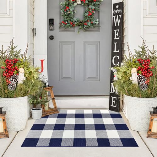 Buffalo Plaid Outdoor Rug 2 x 3 Navy and White Cotton Checkered Rug, Front Door Mat Washable Small Throw Rug for Outdoor Indoor Kitchen Entryway Patio Bathroom Farmhouse Decor Area Rug - color: Navy and White, size: 2‘×3’