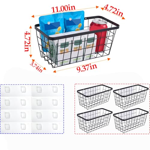 4 set Hanging Wall Basket Organizer,Over the Cabinet Door Wire Baskets for Organizing -Space-Saving Hanging Baskets for Organizing,Wall Mount Storage,No Drilling Adhesive Wall Storage Basket, Black - color: Black-New, size: 4 PACK