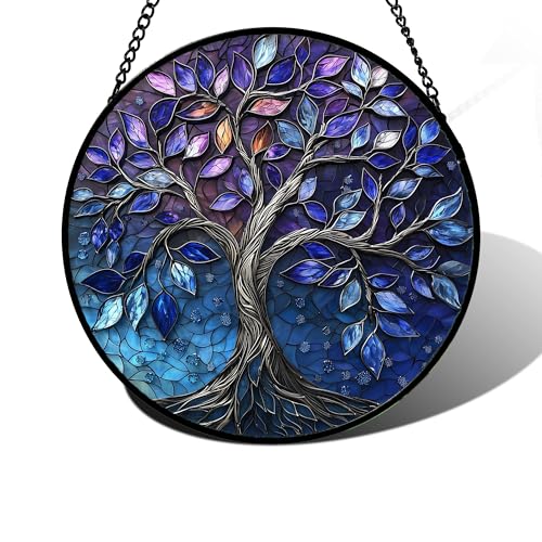 DASTOLL Stained Glass Window Hanging, Blue Purple Tree of Life Sun Catchers Colorful Glass Panel Plants Suncatcher Decor for Birthday for Women,Men,Wife, Lovers, and Mom 6.3 in - color: Blue Purple, size: 6.3x6.3 IN