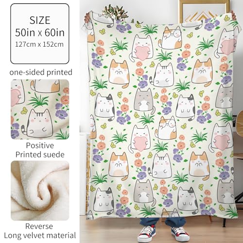 Throw Blanket for Couch, 300GSM Warm Soft Cozy Flannel Blanket, Cute Blanket for All Seasons Bedroom Home Decor Gifts, Cute Flower Cats 50x60 Inches - color: Cute Flower Cats