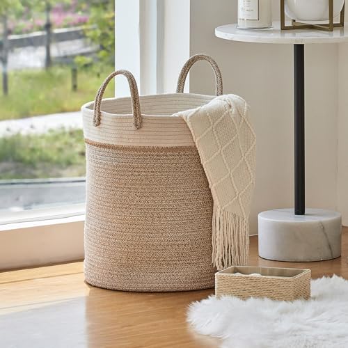 LA JOLIE MUSE Woven Basket Rope Storage Baskets - Tall Cotton Basket 16 x 14 x 14 Inches, Laundry Basket for Blanket, Kids Toy, Nursery Clothes Hamper Basket White & Desert - color: White & Desert, size: M