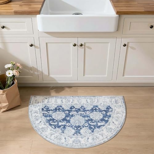 jinchan Fiora Washable Small Area Rug, 2x3 Half Circle Floral Entryway Rug, Low Pile Half Moon Doormat Soft Non Slip Dirt Trapping Carpet for High Traffic Kitchen Bathroom Vanity, Distressed Dark Blue - color: Distressed Dark Blue, size: 1'9" x 3' (Semici