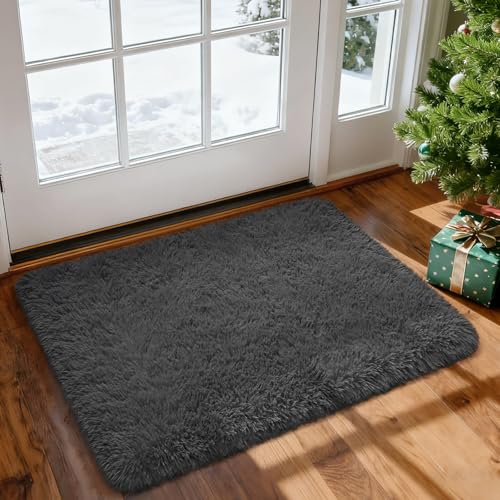 Merelax Fluffy Shaggy Small Area Rug, Dark Grey 2x3 Doormat Door Rugs for Bedside Christmas Decor, Mini Fuzzy Plush Throw Rug, Soft Non-Slip Entryway Shag Catpet for Livingroom Holiday Home Aesthetic - color: Dark Grey, size: 2' x 3' (Rectangular)