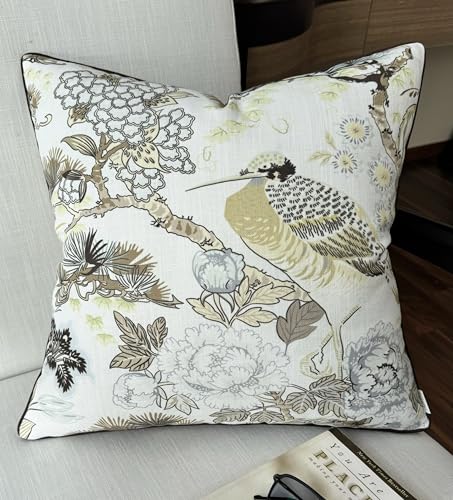 VAGMINE Chinoiserie Bird Floral 20x20 Inch Throw Pillow Cover - Sage Ivory Peony Hydrangea Print on Textured Polyester - Cushion Case for Couch Sofa - Nostrich - color: Nostrich, size: 20" x 20" (Pack of 1)