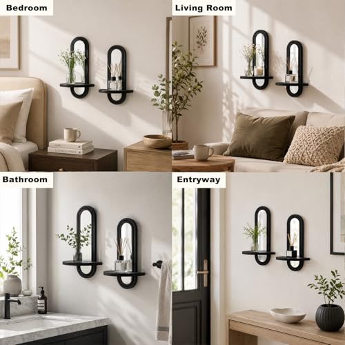 Artilady Floating Shelves with Arched Mirror, Boho Wall Decor Black Wood Wall Mounted Shelf for Bathroom Bedroom Living Room Wall Art (Black Mirror 1) - color: Black Mirror 1