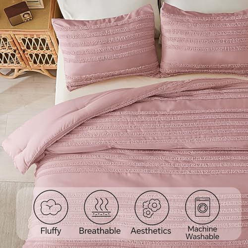 BEDELITE Boho King Size Comforter Set - Dusty Pink Tufted Striped Bed Set 3 Pieces, Soft Vintage Farmhouse Comforter for All Seasons, Boho Home Decor,Fluffy Jacquard Bedding with Pillow Sham - color: Dusty Pink, size: King
