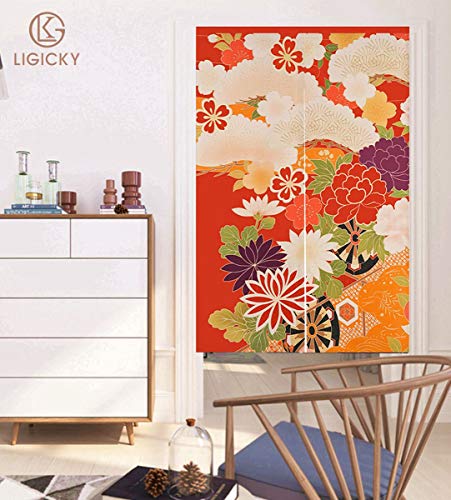 LIGICKY Japanese Style Doorway Curtain Noren Cotton Linen Retro Flowers Printed Window Treatment Hanging Door Tapestry for Home Decoration 33.5" Width x 47.2" Long, Colourful - color: Retro Flowers, size: 33.5"W x 47.2"L (Pack of 1)
