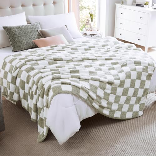 WRENSONGE Checkered Throw Blanket, Sage Green Soft Cozy Fluffy Warm Hand Made Queen Throw Blankets for Couch, Sofa, Chair, Bed, Camping, Picnic, Travel Lightweight Bed Blanket - 90"*90" - color: Aloe Sage, size: Queen(90"x90")