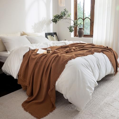 FOSSA Muslin Blanket with Fringe - 4-Layer 100% Cotton Gauze Super Soft & Breathable Throw -Lightweight Decorative Cooling Blanket for Bed, Sofa, Office -Oversize Queen Size 98" × 98" (Dark Orange) - color: Dark Orange, size: Oversize Queen (98" × 98")
