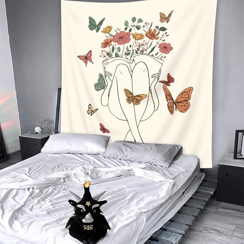 SVBright Abstract Woman Fabric Wall Hanging Tapestry 51Wx59H Inch Boho Butterfly Floral Reading Book Minimalist Aesthetic Modern Simple Line Sketch Beige Home Decor Art for Living Room Bedroom Dorm - color: Abstract Woman（Beige）, size: 59"L x 51"W