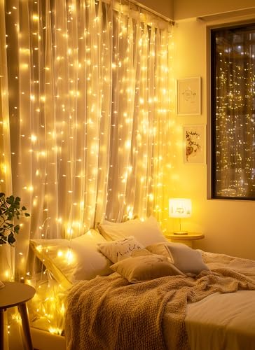Brightown 300 LED Fairy Curtain Lights, 9.8ft x 9.8ft Warm White Curtain String Lights, USB Plug in 8 Lighting Modes Christmas Decoration, Hanging Lights with Remote for Bedroom Indoor Weddings Dorm - color: Warm White, size: 1 Pack-300 LED-USB Plug