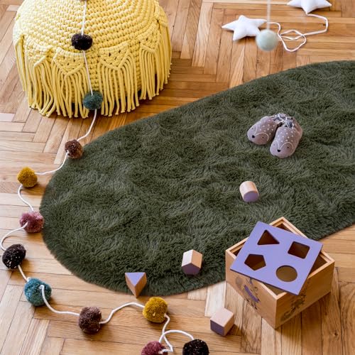 Goideal Fluffy Bedroom Rug, Small Oval Area Rugs, Olive Green Shag Bedside Carpet for Kids Room Nursery Dorm Cute Fuzzy Indoor Decor for Boy and Girl, 2.6 x 5.3 Feet - color: Olive Green