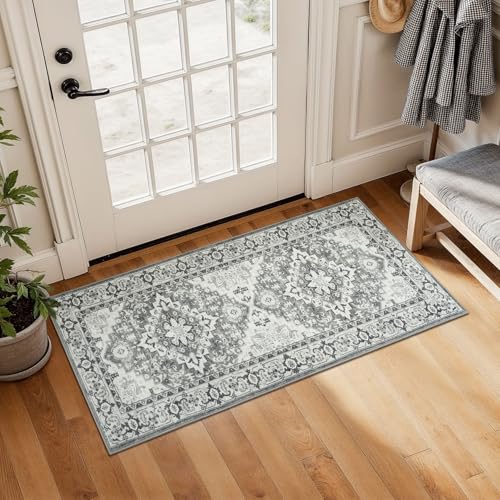 Lessymo 2 x 4 Entryway Rug, Machine Washable Area Rugs Boho Faux Wool Low Pile Area Rug for Bedroom, Floral Medallion Vintage Outdoor Rugs with Non-Slip Rubber, Grey Beige - color: Grey Beige, size: 2' x 4' (Runner)