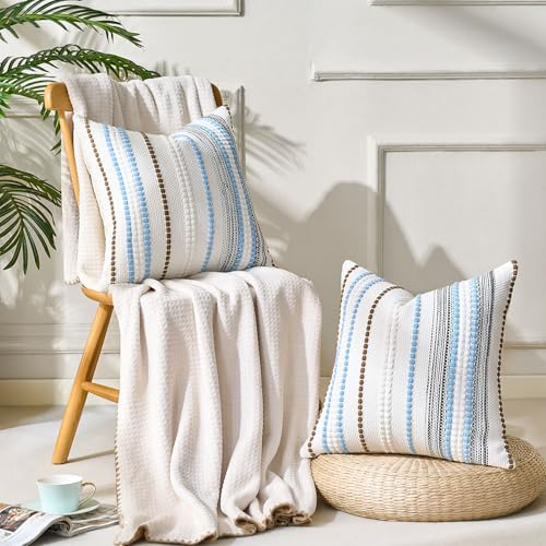 Farmhouse Throw Pillow Covers 18x18 Coastal Blue Boho Decorative Striped Cushion Covers Accent Pillows Square Rustic Textured Woven Bohemian Neutral Pillowcase for Sofa Couch Bed Living Room,Set of 2 - color: Blue, size: 18" x 18" (Pack of 2)