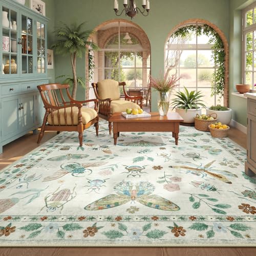 Beeiva Insect Print 8x10 Rug for Bedroom - Beige Fantasy Moth Rug for Living Room Dining Room Under Kitchen Table Nursery, Vintage Non Slip Large Carpet Butterfly Cottagecore Decor(8'x10',Beige) - color: Beige, size: 8' x 10' (Rectangular)