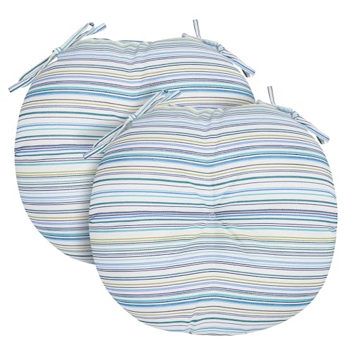 FUNHOME 15"x15"x4" Bistro Chair Cushion Set of 2, Water Repellent Round Outdoor Chair Cushions with Ties, Patio Tufted Chair Pads for Home Garden (Blue Stripe) - color: Blue Stripe