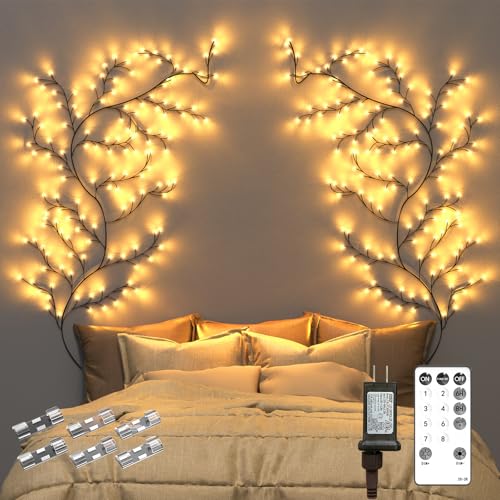 Enchanted Willow Vine Room Decor: 7.5Ft Christmas Decorations Flexible Fairy Lights with Remote Control, 144 LEDs Twinkle Tree Lighted Branches for Wall Bedroom Living Room (2 Pack) - color: Brown X2