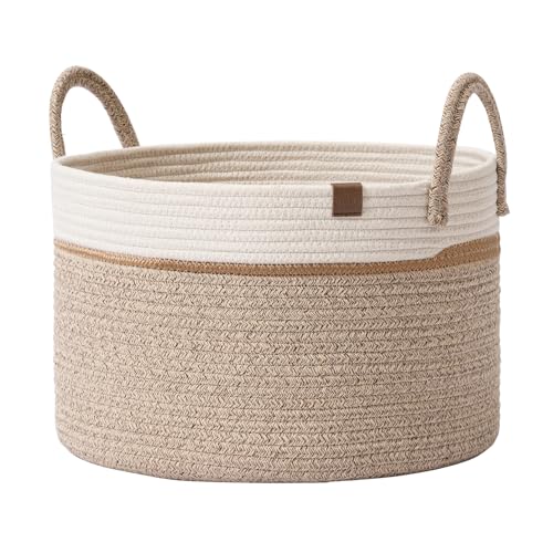 LA JOLIE MUSE Woven Basket Rope Storage Baskets - Tall Cotton Basket, Laundry Basket for Blanket, Kids Toy, Nursery Clothes Hamper Basket-S - color: White & Desert, size: S