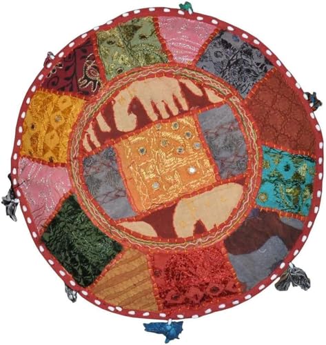 Indian Pouf Footstool Ethnic Embroidered Pouf Cover, India Cotton Round Pouffe Ottoman Pouf Cover Pillow Ethnic Decor Art-Cover Only-Indian Ottoman poufs - color: Alteration, size: 22"D x 22"W x 14"H