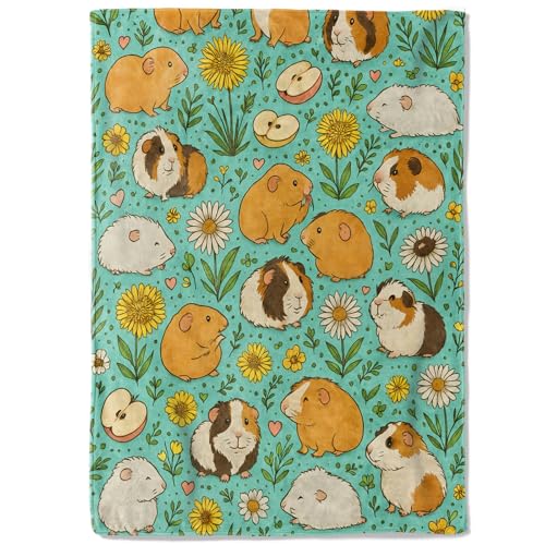 Guinea Pig Floral Fleece Blanket,50x60in,Cute Cartoon Cavy Colorful Flower Fruit Blue Throw Blankets,Soft Cozy Lightweight, Ideal for Bed Living Room Home Decor,Girls Gifts - color: Guinea Pig, size: 50x60 Inch