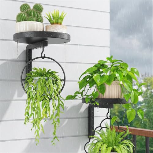 iDavosic.ly Wall Plant Holder Set of 2 for Outdoor with Drain Hole, Metal Hanger with 2 Hooks, Floating Flower Display Stand for Window, Space Saving & Easy to Assemble (Pots/Plants Not Included) - color: Black with Holes(Outdoor Use), size: 2 Pack