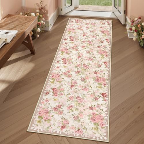 Lahome Floral Runners for Hallways Non Slip, 2x6 Washable Kitchen Runner Rug, Soft Boho Throw Carpet for Girls Bedside Bedroom Laundry Bathroom Nina Beige/Pink/Multi - color: Beige, size: 2' x 6' (Rectangular)