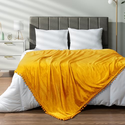 PAVILIA Fleece Throw Blanket for Couch with Pom Pom Fringe, Mustard Yellow, Soft Cozy Fuzzy Flannel Blanket for Sofa Bed, Large Lightweight Plush All Season Throw, 60x80 Inches - color: Mustard Yellow, size: 60"x80"