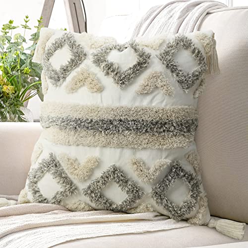 Merrycolor Boho Throw Pillow Covers 18x18 with Tassels White and Grey Decorative Throw Pillows Woven Tufted Pillowcase Modern Accent Bohemian Square Cushion Covers for Couch Sofa Bedroom Living Room - color: Grey and White 2, size: 18" x 18" (Pack of 1)
