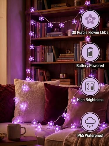 Flower Battery Operated Indoor String Lights 30LED Cherry Blossom Fairy String Lights Waterproof Outdoor for Garden Fence Party Camping Birthday Wedding Room Home Decoration Purple - color: Purple