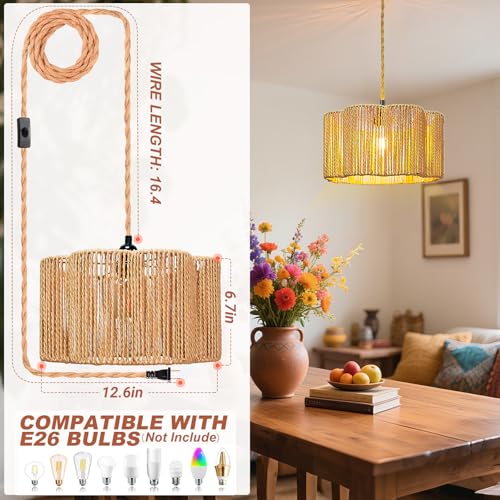 Hanging Lights with Plug in Cord Rattan Hanging Lamp Boho Ceiling Light Fixtures Farmhouse Pendant Lamp Shape for Living Room Bedroom Kitchen - size: 12.6 Inch-Flower Barrel Shade