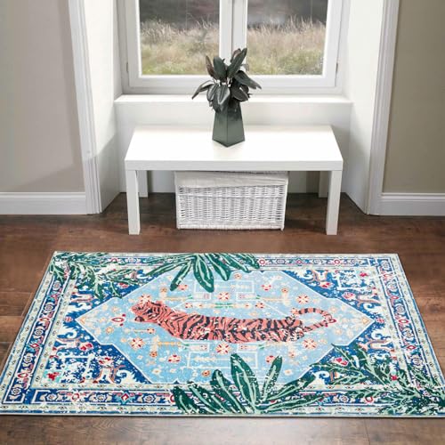 Vintage Rugs Boho Abstract Tropical Jungle Leopard 4x6 Area Rugs Accent Oriental Carpet for Bedroom Kitchen Dining Living Room Modern Indoor Entry Entrance Floor Rug Washable - color: Blue, size: 3'11" x 5'11" (Rectangular)