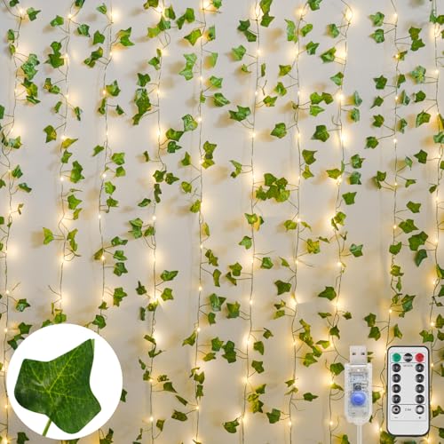 suddus Vines with Light for Bedroom, 200 LED Fairy Lights with Vines, Ivy Curtain Lights for Dorm, Wedding, Party, Wall, Indoor, Outdoor Decor, 6.5ft x 6.5ft with Remote（Warm White） - color: Ivy, size: USB-200led