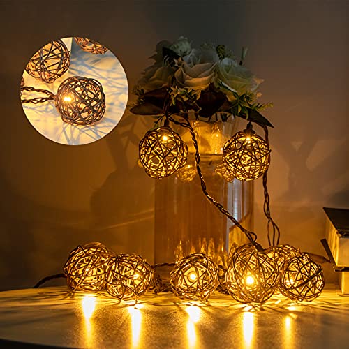 Vigdur Rattan Ball String Lights, Boho Lantern String Lights with 10 Led Bulbs Connectable, Indoor Outdoor String Light for Bedroom Wedding Garden Party Backyard Decor, 9.84FT - color: White