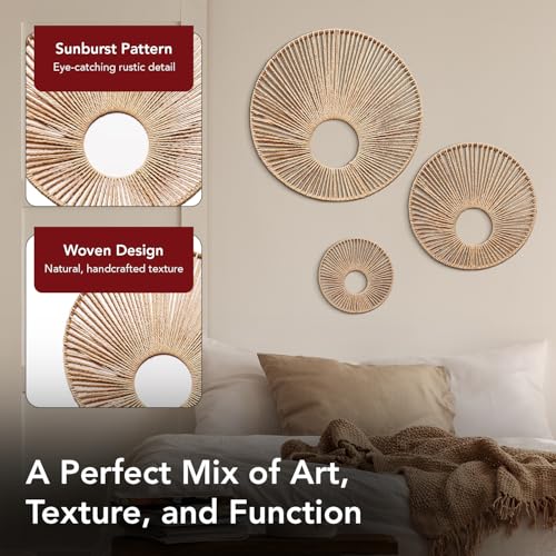 American Art Decor Round Paper Rope Wall Decor Set of 3, Natural - Boho Wall Art, Farmhouse Basket Style - color: Natural, size: 19.5" x 19.4"
