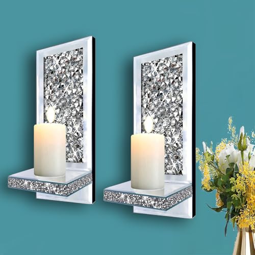 ZOLAPI Set of 2 Crystal Crush Diamond Candle Sconces, Gorgeous Silver Mirrored Wall Sconce, Candle Holder Glass Wall Decorations for Home Décor, Living Room, Dining Room. 1A - color: Silver Mirror ①a