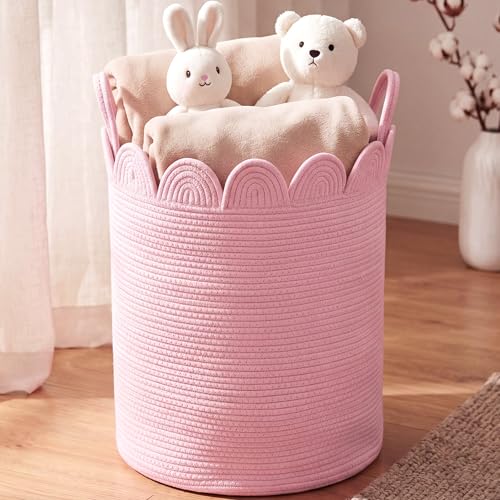 LemonRoad Pink Round Tall Basket Large Blanket Basket 15" L X 15" W X 19.7" H Scalloped Woven Baskets Cotton Storage Baskets for Nursery Classroom Closet Blankets Storage Home Decor - color: Pink, size: 15" L X 15" W X19.7" H