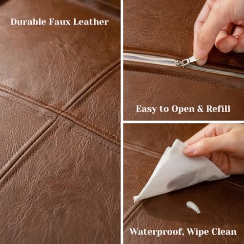 SOFTSOUL DIY Fillable Storage Ottoman – Stuff with Clothes, Blankets or Toys to Create Seat or Footstool, Space-Saving Faux Leather Square Pouf Organizer (Unfilled), 17.7”×17.7”×15.7”