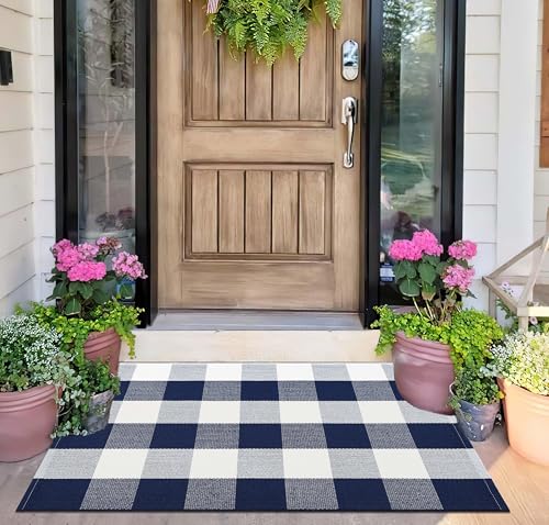 Front Door Mat Outdoor 24''x35''Blue and White 4th of July Door Mat Rug Washable Cotton Woven Layering Doomat for Hello/Welcome Mat Porch，Kitchen,Farmhouse,Entryway,Bedroom - color: Blue Buffalo, size: 24''x 35''