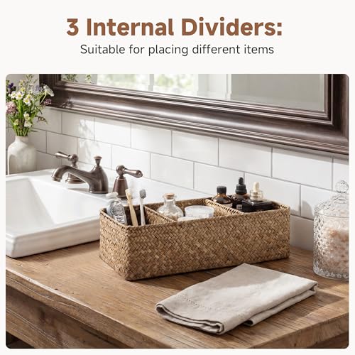 StorageWorks Toilet Paper Baskets for Shelves, 3-Section Wicker Baskets Storage, Back of Toilet Basket for Tank Topper, Counter, Pantry, Living Room Decor, 2 Pack Seagrass Basket - color: Brown（seagrass）, size: 14¼"l x 6"w x 4¼"h