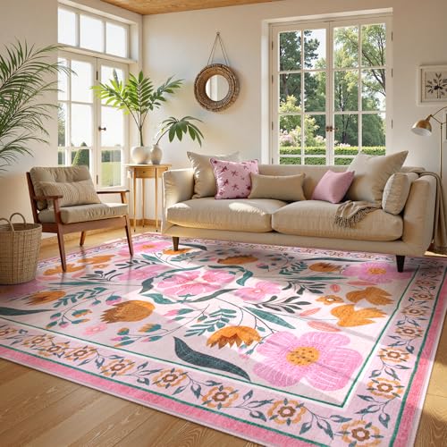 Beeiva Pink Rug 8 x 10 Rug for Living Room, Soft Washable Area Rugs Ultra Thin with Low Plie, Flower Large Non Slip Throw Carpet for Bedroom Nursery Playroom Classroom Décor (Pink,8'x10) - color: Pink, size: 8' x 10' (Rectangular)