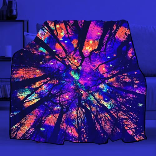 Blacklight Galaxy Forest Throw Blankets UV Reactive Night Sky Throw Blanket Glow in the Dark Under Black Lights Game Room Decor Soft Throw Gifts 59x51 Inches - color: Bl Forest Silhouette